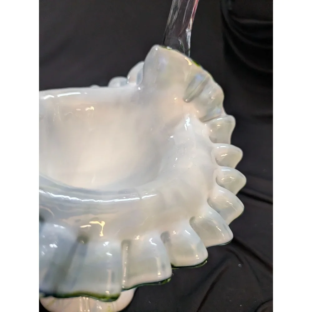 Fenton Murrhina Blue Green Aventurine Glass Handle Ruffle Basket 11